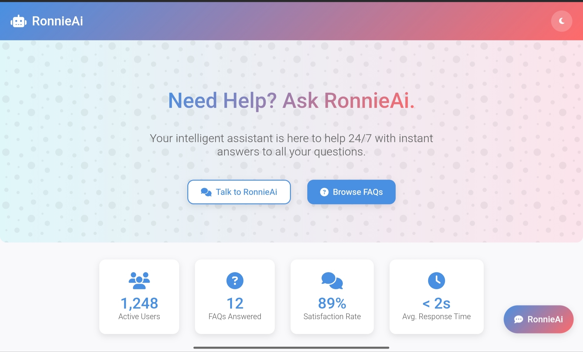 RonnieAi FAQs Assistant preview